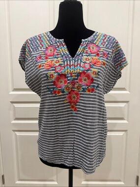 Savanna Jane Gray & White Striped shirt with Colorful Floral Embroidery